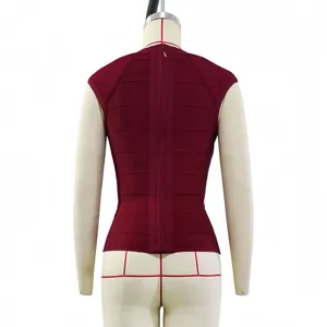 Back view detail of burgundy slim fit bandage top showing zipper and texture