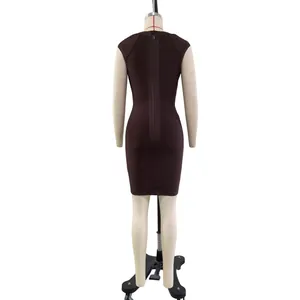 Back view of dark brown high-stretch bandage bodycon mini dress with zipper