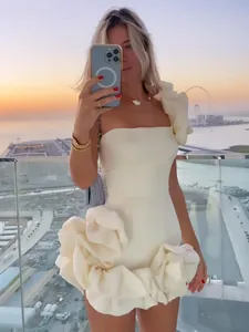 Women Ruffled Bubble Hem Mini Dress One Shoulder Sleeveless Cocktail Party Birthday Dress High End Polyester Spandex Solid Color Sexy Dress