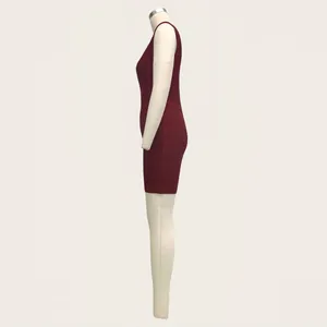 Side view of elegant wine red sleeveless bandage dress showing high stretch bodycon fit