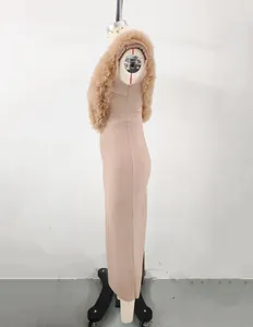 Side view of elegant pink bandage maxi dress featuring ruffled tulle collar detail