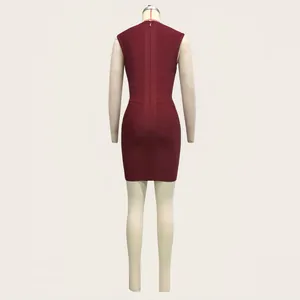 Back view of burgundy sleeveless bandage mini dress with full-length zipper detail