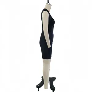 Side view of black sleeveless bandage evening dress on a professional garment mannequin