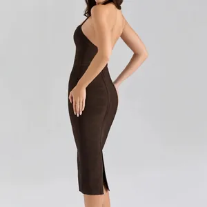 Elegant dark brown halter bandage midi dress featuring bodycon fit and back view on model