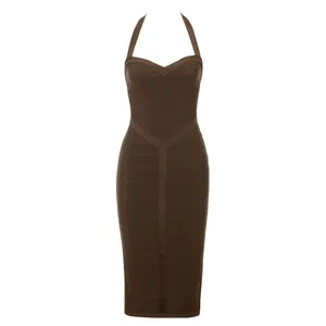 Elegant dark brown halter neck bandage dress with sweetheart neckline and bodycon midi fit.