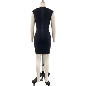 Back view detail of a black sleeveless bandage bodycon dress featuring a long zipper