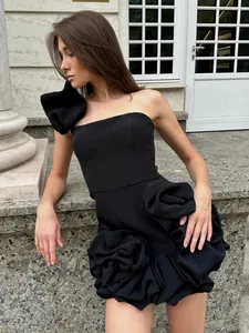 Elegant one-shoulder black mini dress with oversized 3D floral ruffles for parties
