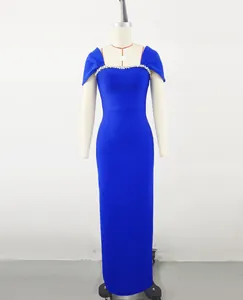 Elegant royal blue bodycon bandage evening gown featuring a rhinestone trimmed neckline