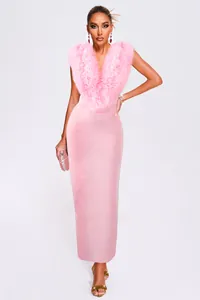Elegant pink long bandage evening dress with voluminous floral ruff collar details