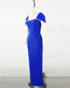 Elegant royal blue evening gown with sparkling rhinestone neckline and bandage fit