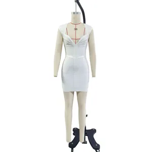 Detailed view of a white V-neck sleeveless bandage bodycon dress on a mannequin