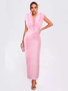 Elegant pink bandage maxi dress with fluffy faux fur collar for formal evening gala events.