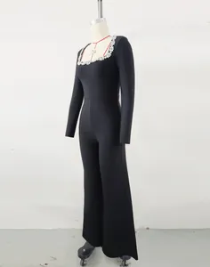 Elegant black long sleeve flared jumpsuit with rhinestone square neckline for women
