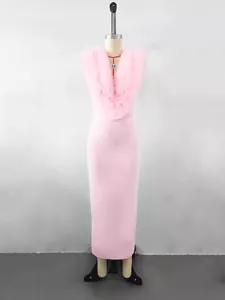 Elegant pink bandage maxi dress with ruffled V-neckline and intricate floral decoration