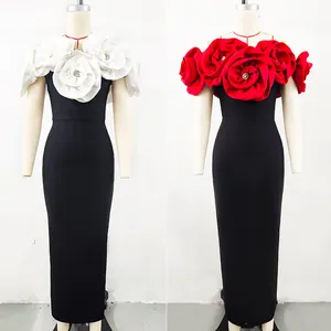 Elegant detail of 3D fabric rose neckline on premium black bandage evening dress