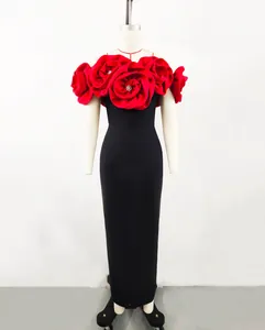 Detailed view of elegant black bandage dress featuring a large red 3D fabric rose collar