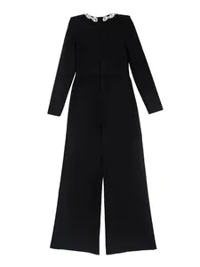 Elegant black long-sleeve jumpsuit with sparkling rhinestone collar and wide legs