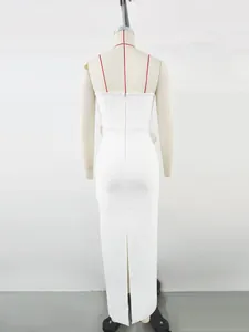Rear view of white French formal dress with back zipper and elegant slit detail