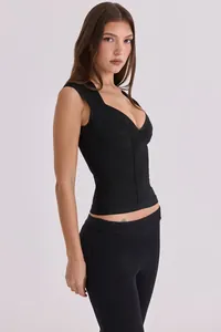 Elegant black bandage crop top with deep V-neck and slim fit silhouette for women
