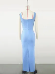 Back view detail of light blue bodycon bandage dress with zipper and slit