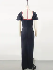 Rear view of a elegant black French bandage evening gown on a mannequin for formal events.