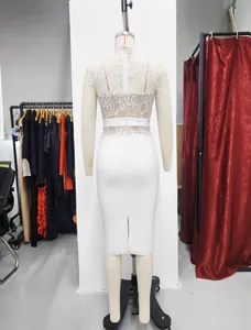 Elegant white lace bandage bodycon dress back view featuring a sophisticated slit detail