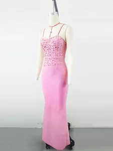 Elegant pink pearl beaded bandage dress with strapless mermaid silhouette for evening