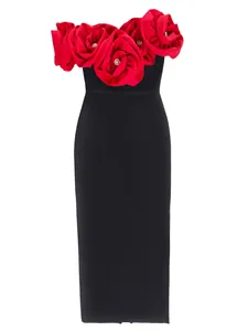 Elegant black bandage dress featuring large 3D red fabric roses at the neckline.