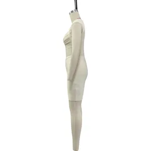 Side profile view of a beige sleeveless bandage bodycon mini dress on a mannequin.