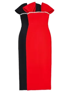Detail view of elegant red and black bandage dresses with sparkling rhinestone trim.
