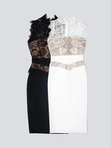 Detailed view of elegant black and white lace patchwork bandage bodycon dresses