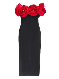 Elegant black bandage midi dress featuring large red fabric roses with crystal centers.