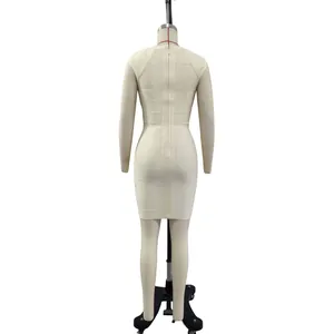 Elegant beige long sleeve bandage bodycon dress back view shown on mannequin model