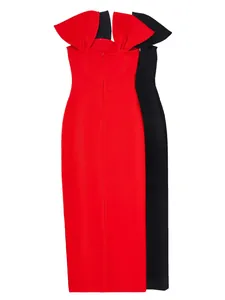 Elegant back view of red and black off-shoulder French style bandage evening dresses