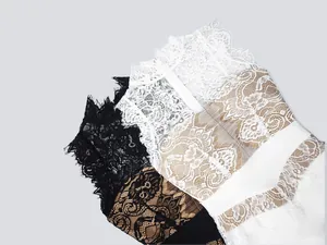 Detailed view of high-quality lace and ribbed bandage fabric textures in various colors.