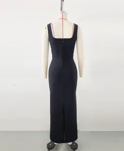 Detailed back view of an elegant black slim-fit bandage maxi dress displayed on a mannequin