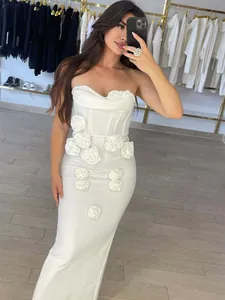 Elegant white French style strapless evening gown with 3D floral appliqués for bridesmaids