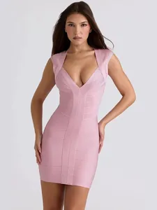 Full front view of elegant pink V-neck sleeveless bandage knit evening party dress
