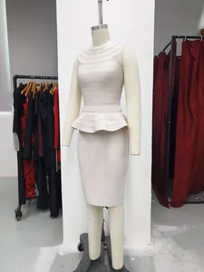 Elegant off-white bandage two-piece set with peplum knit top and slim pencil skirt