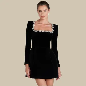 Elegant black velvet mini dress with rhinestone floral square neckline and long sleeves