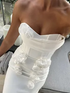 Elegant white strapless French style dress with 3D floral appliqués for weddings
