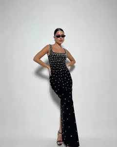 Elegant black rhinestone bandage maxi dress for luxury evening parties and fashion events