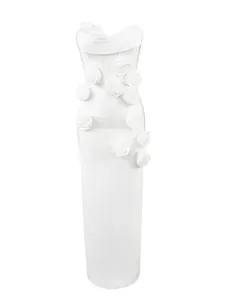 Elegant French white strapless evening gown with 3D floral appliques for weddings.