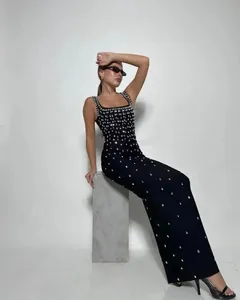 Elegant black rhinestone bandage bodycon dress for luxury party style.