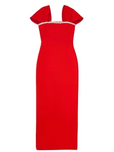 Elegant red bandage midi dress with sparkling rhinestone neckline for formal events.