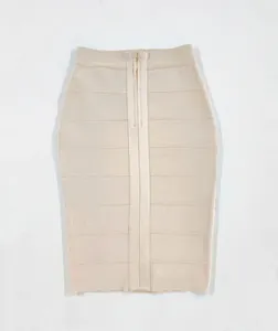 Detailed view of the fabric and zipper on a beige high-waist bandage bodycon pencil skirt
