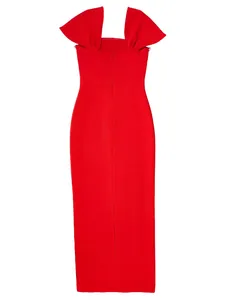 Back view of elegant red bandage dress with ruffled off-shoulder sleeves and zipper
