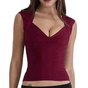 Elegant and sexy wine red deep V-neck bandage vest for women, slim fit flattering crop top