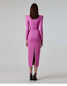Back view of a pink long-sleeve midi dress with structured shoulders and a waist belt