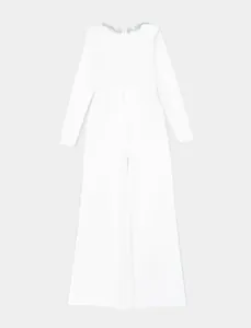 Back view of elegant white long sleeve flared jumpsuit with rhinestone neckline detail